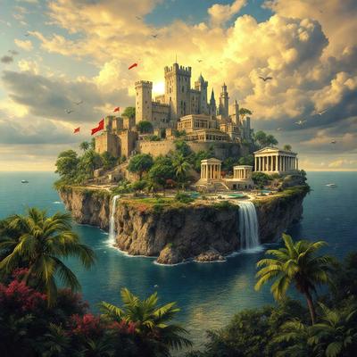 Primary subject: A castle on a rock in the ocean.

Setting/background: The ocean with a castle on a rock in the middle.

Visual style: Digital art.

Colors and mood: The image is in color, with a vibrant and lively atmosphere.